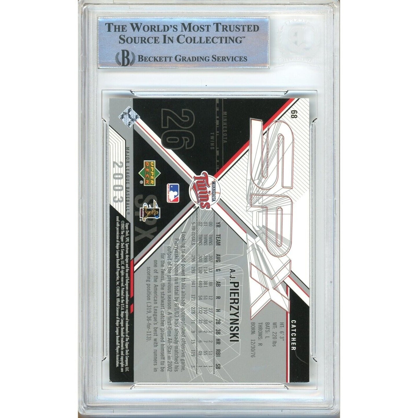 2003 Upper Deck SPx #68 — AJ Pierzynski Minnesota Twins Autographed Trading Card — Beckett Authentication