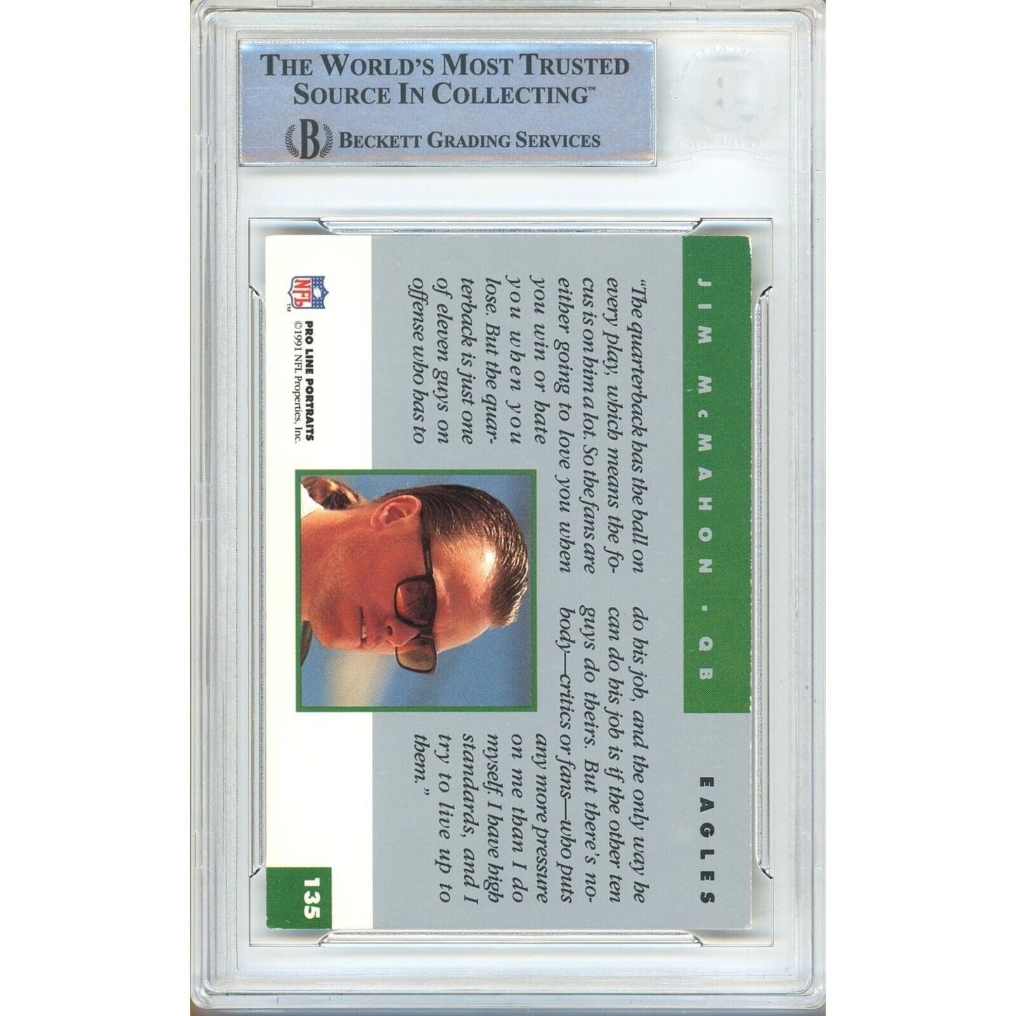 1991 — Jim McMahon Chicago Bears Autographed Trading Card — Beckett Authentication