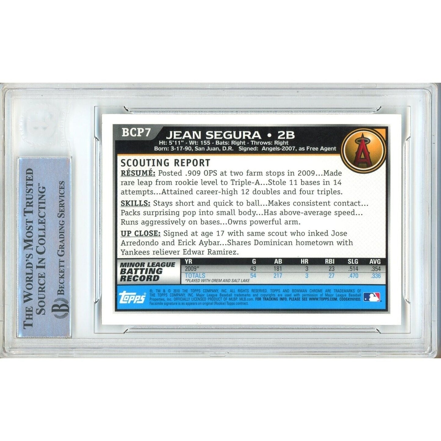 2010 Bowman Chrome Prospects # BCP7 — Jean Segura La Angels Autographed Trading Card Beckett Authentication