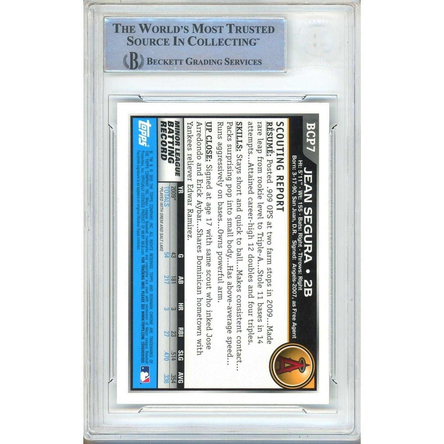 2010 Bowman Chrome Prospects # BCP7 — Jean Segura La Angels Autographed Trading Card Beckett Authentication