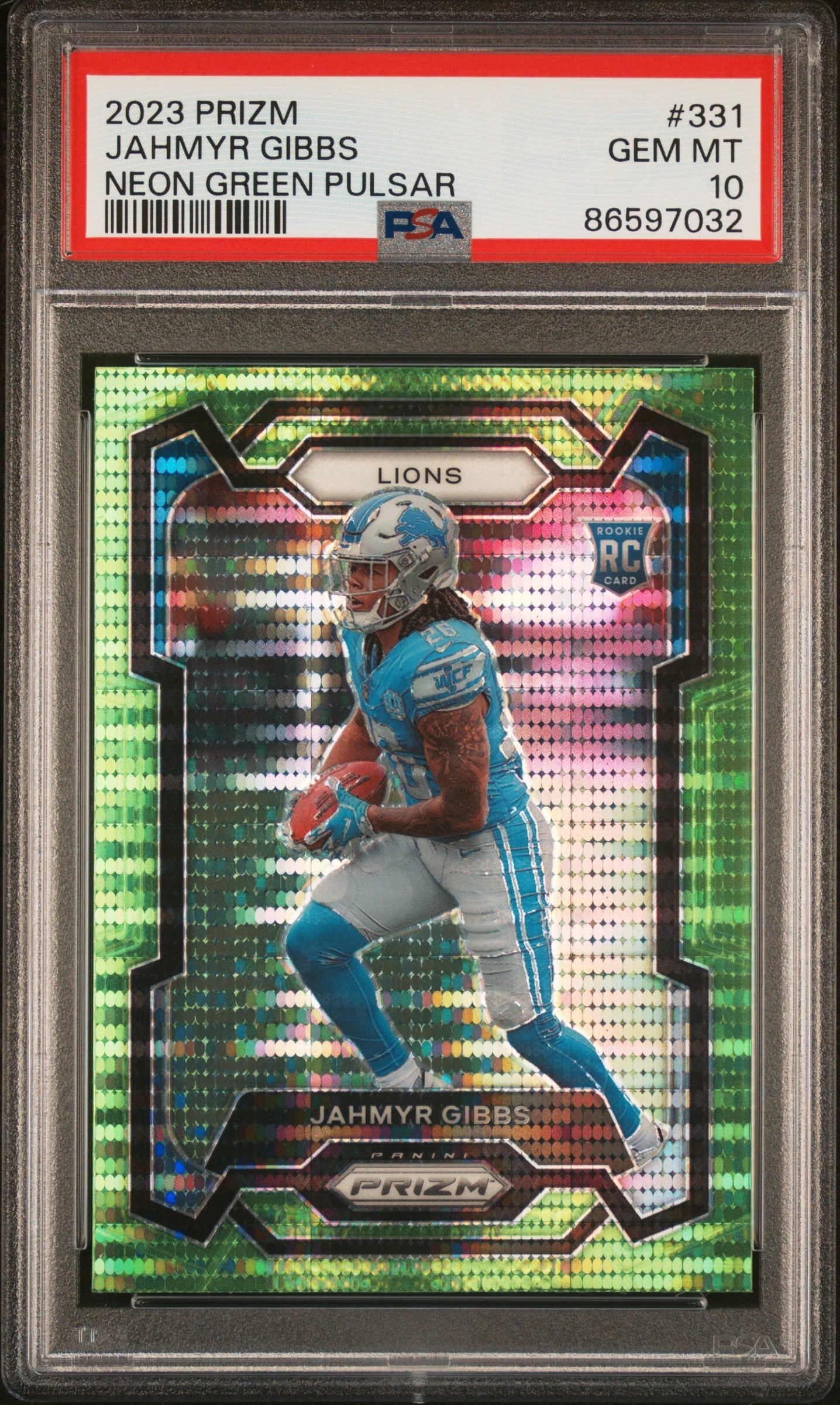 Graded 2023 Panini Prizm Jahmyr Gibbs #331 Neon Green Pulsar Rookie RC Football Card PSA 10 Gem Mint