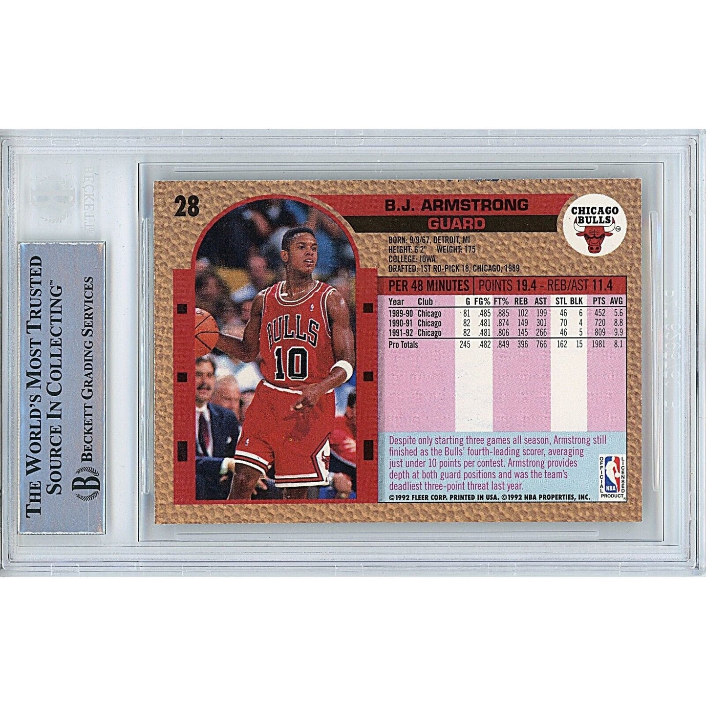 1992-93 Fleer #28 — BJ Armstrong Chicago Bulls Autographed Trading Card — Beckett Authentication