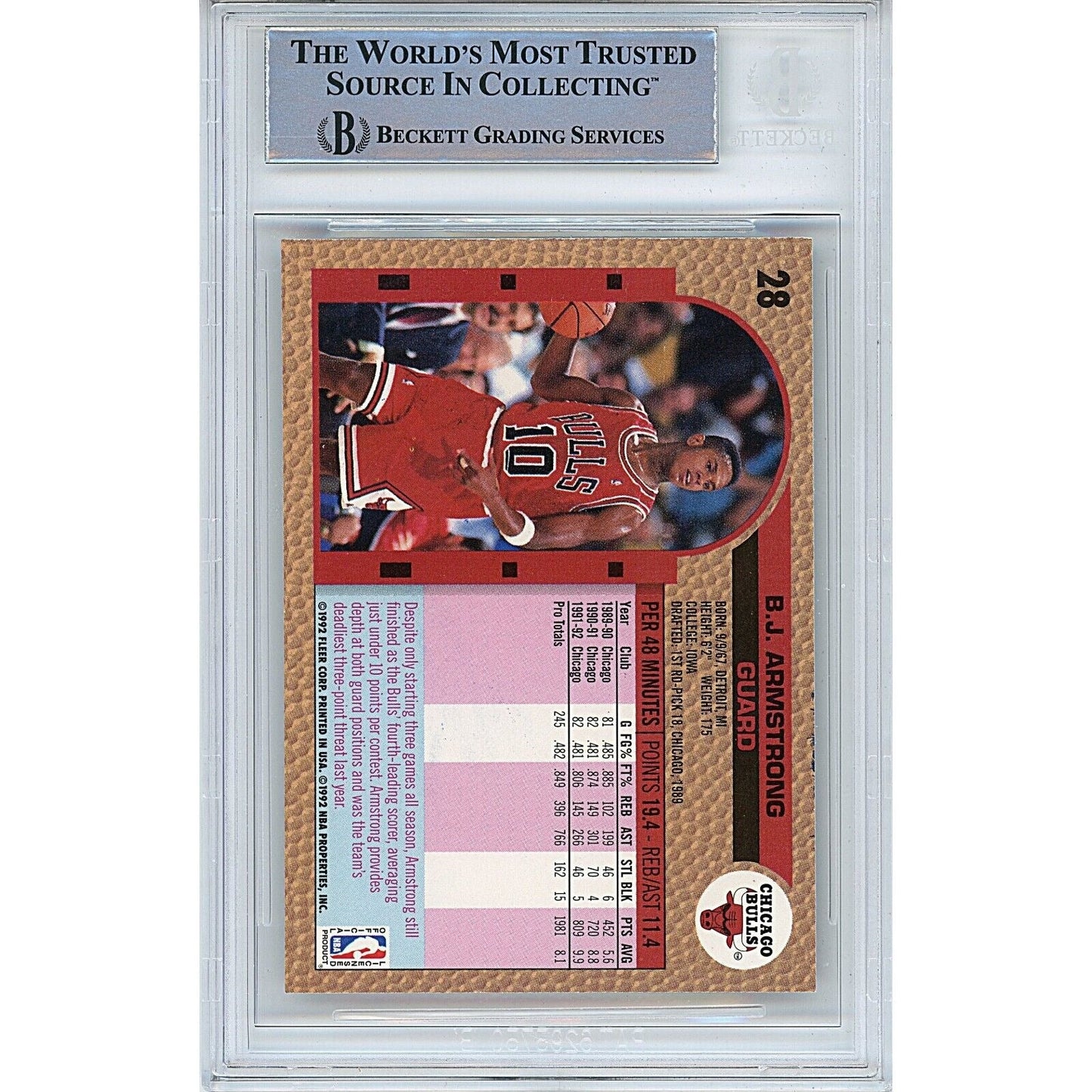 1992-93 Fleer #28 — BJ Armstrong Chicago Bulls Autographed Trading Card — Beckett Authentication