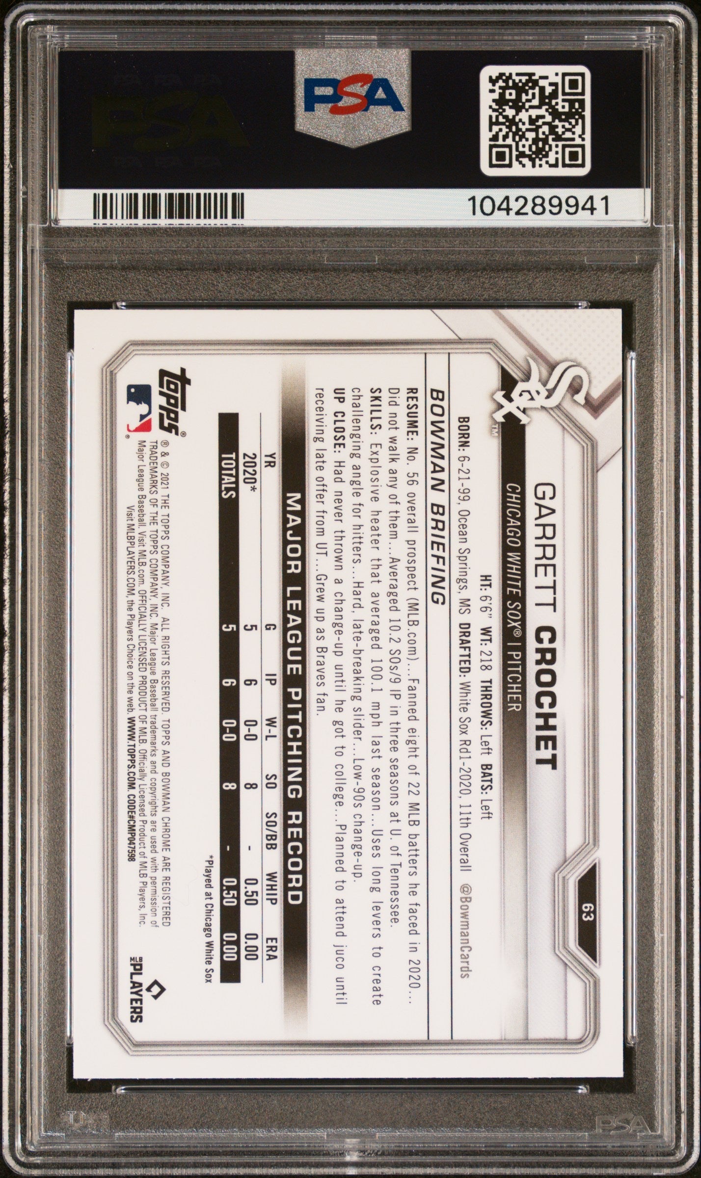 Graded 2021 Topps Bowman Chrome Garrett Crochet #63 Rookie RC Baseball Card PSA 10 Gem Mint