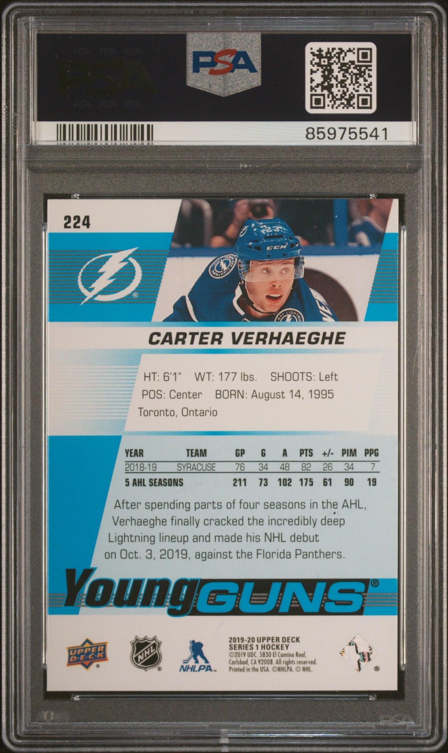 Graded 2019 Upper Deck Youngguns Carter Verhaeghe #224 Rookie RC Hockey Card PSA 10 Gem Mint