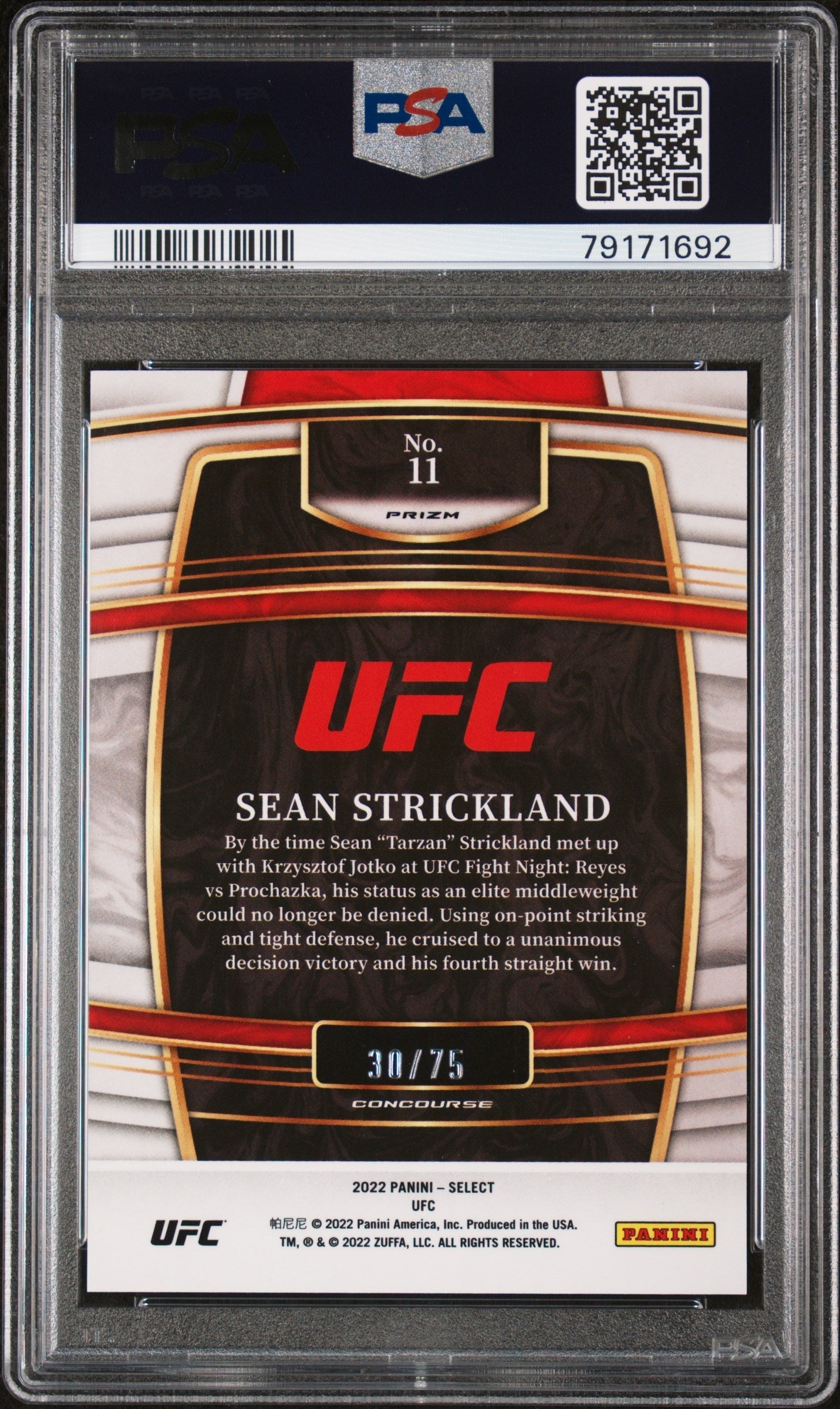 Graded 2022 Panini Select UFC Sean Strickland #11 White Prizm #/75 Rookie RC UFC MMA Card PSA 10 Gem Mint