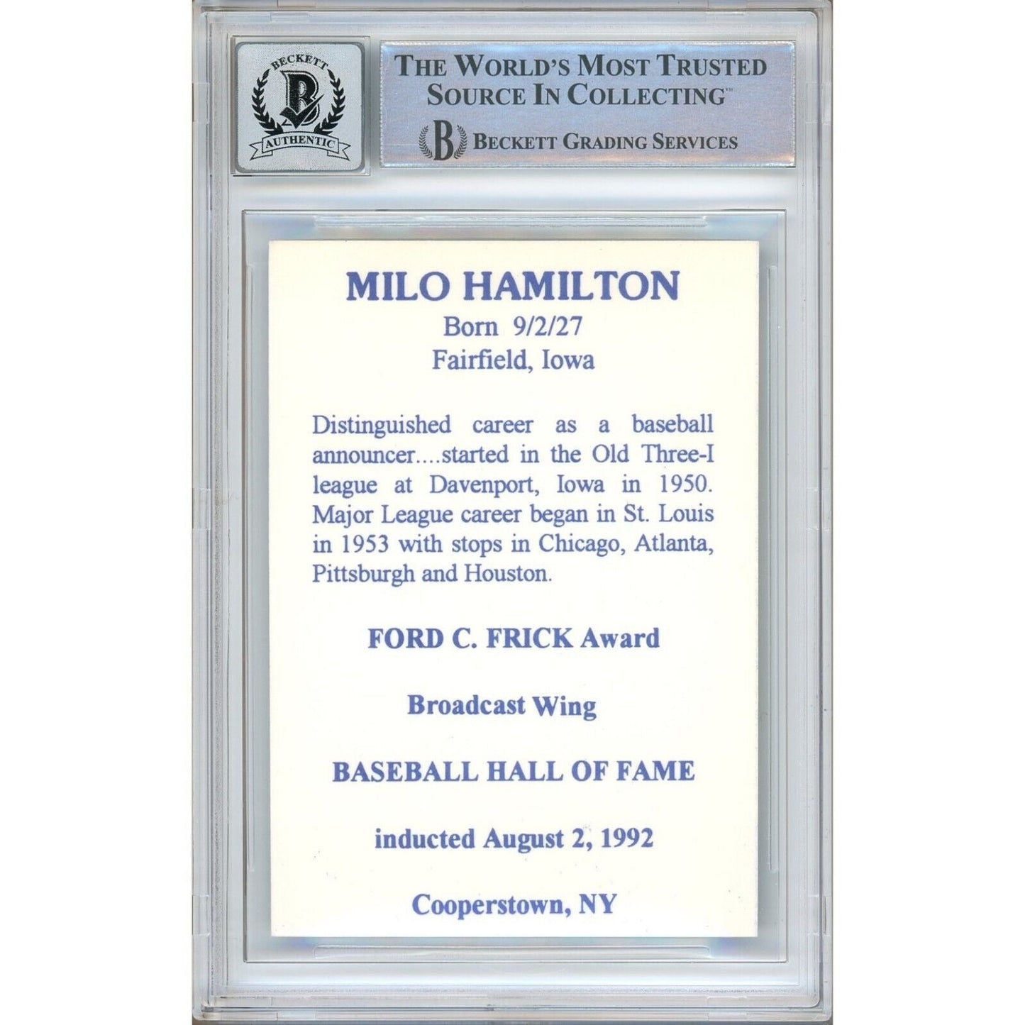 Milo Hamilton Houston Astros Signed Holy Toledo Baseball Card BGS Auto 10 Graded Slab
