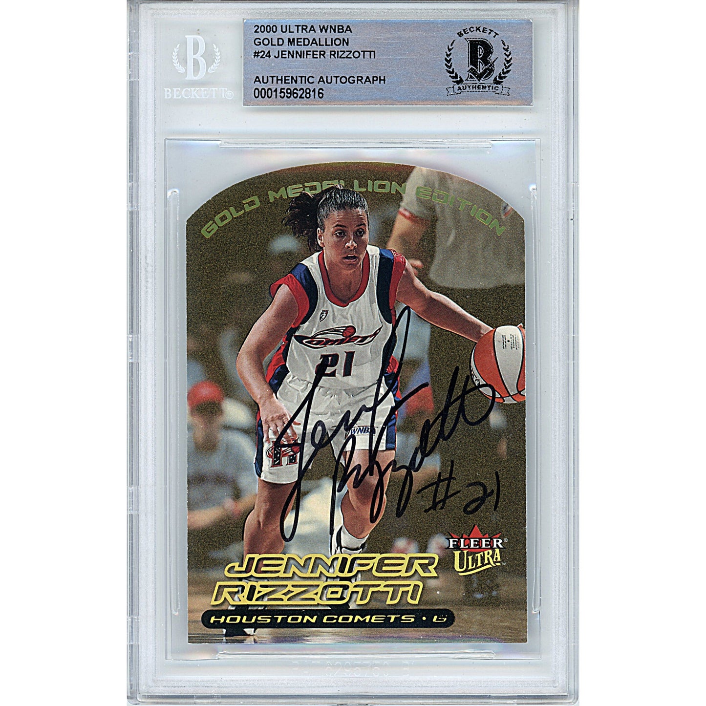 2000 Fleer Ultra WNBA Gold Medallion #24 — Jennifer Rizzotti Houston Comets Autographed Trading Card — Beckett Authentication
