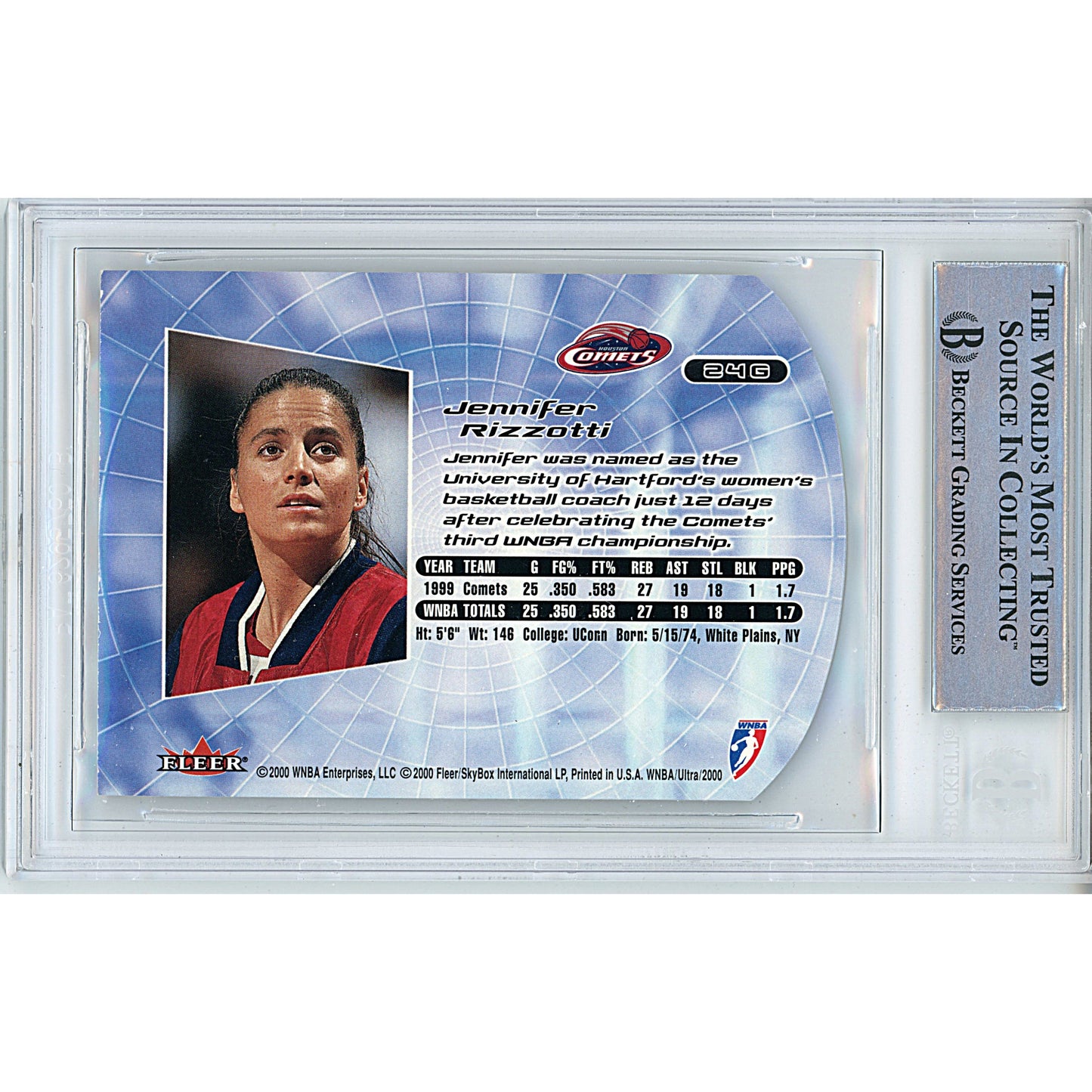 2000 Fleer Ultra WNBA Gold Medallion #24 — Jennifer Rizzotti Houston Comets Autographed Trading Card — Beckett Authentication
