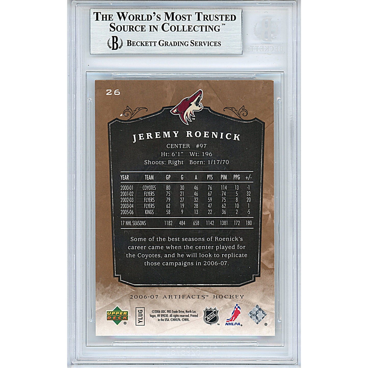 2006-07 Upper Deck — Jeremy Roenick Los Angeles Kings Autographed Trading Card — Beckett Authentication