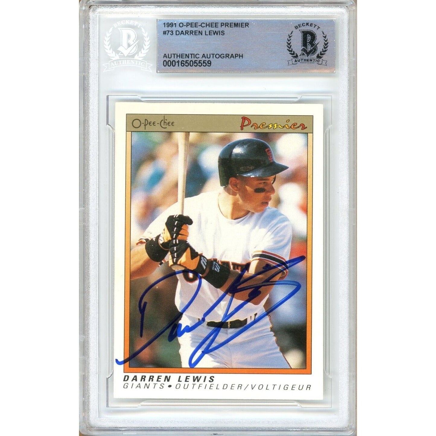 1991 O-Pee-Chee #73 — Darren Lewis San Francisco Giants Autographed Trading Card — Beckett Authentication