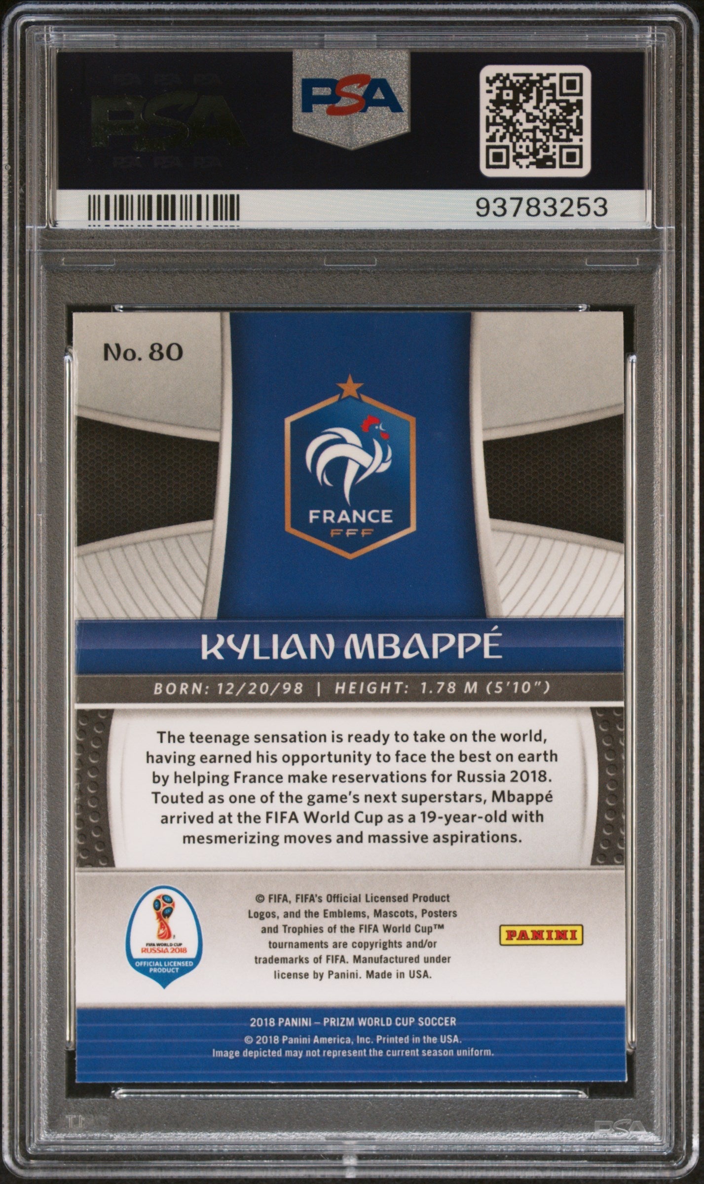 Graded 2018 Panini Prizm World Cup Kylian Mbappe #80 Soccer Card PSA 10 Gem Mint - Sport Cards