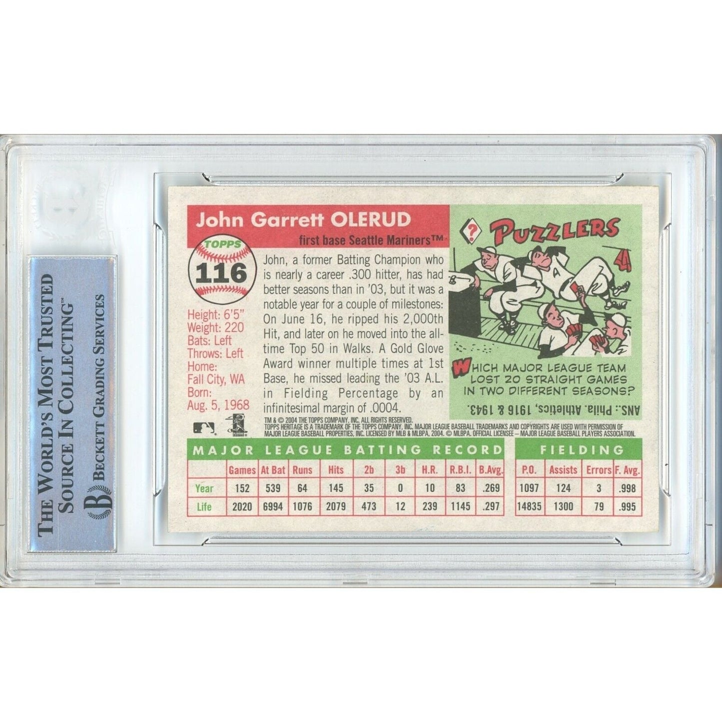 2004 Topps #116 — John Olerud Seattle Mariners Autographed Trading Card — Beckett Authentication