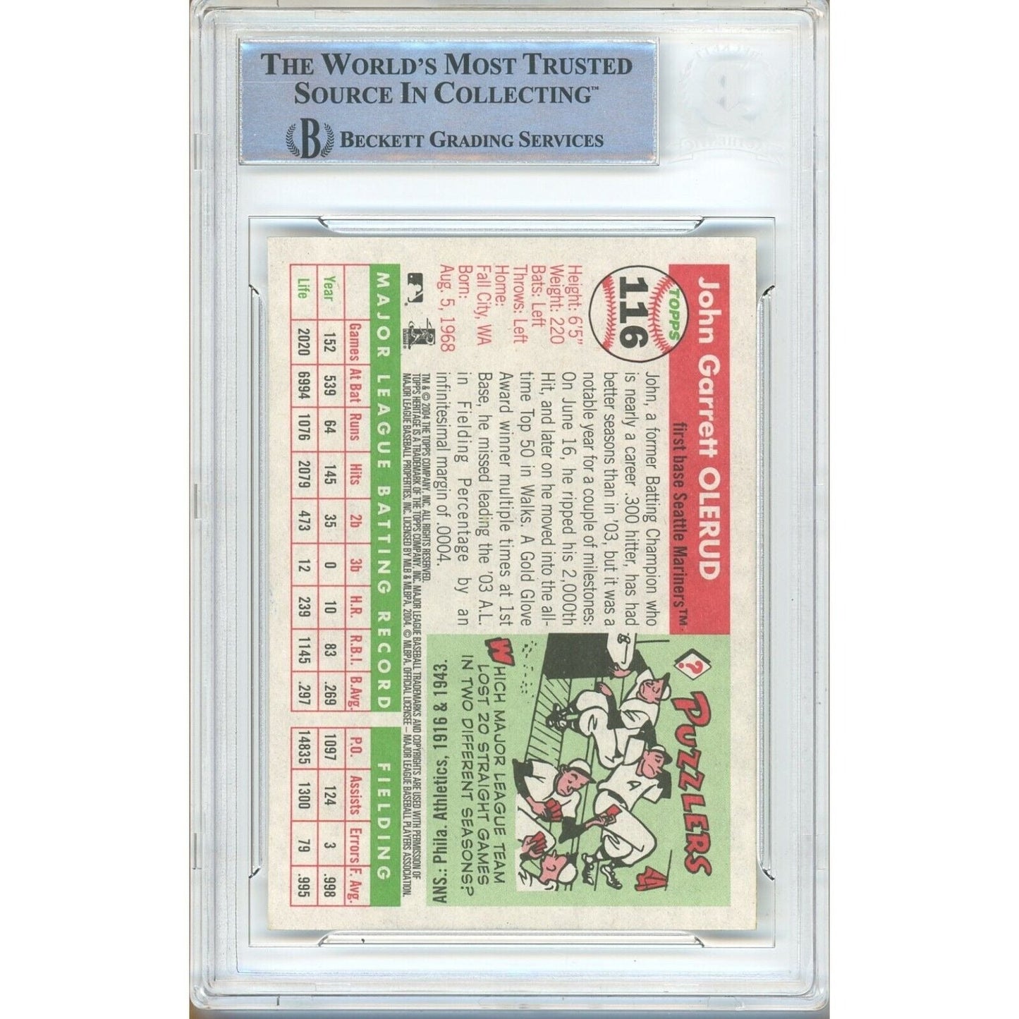 2004 Topps #116 — John Olerud Seattle Mariners Autographed Trading Card — Beckett Authentication