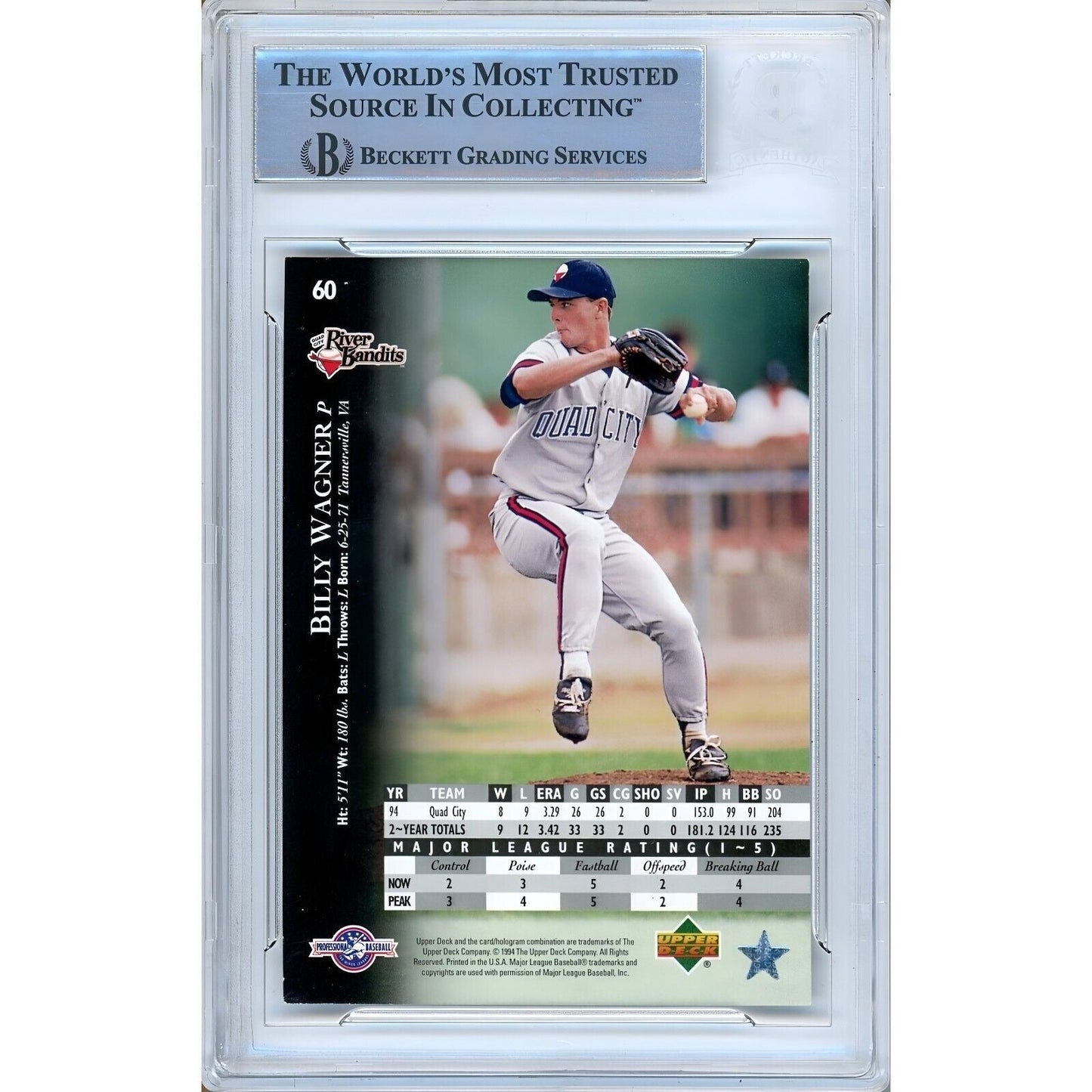 1995 Upper Deck Minors Future Stock #60 — Billy Wagner Houston Astros Autographed Trading Card — Beckett Authentication