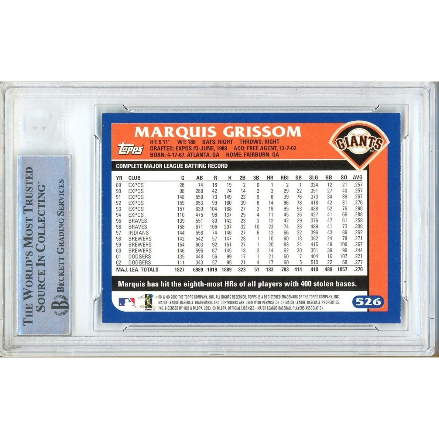 Marquis Grissom SF Giants Signed 2003 Topps Baseball Card Beckett Authentic Auto Slab