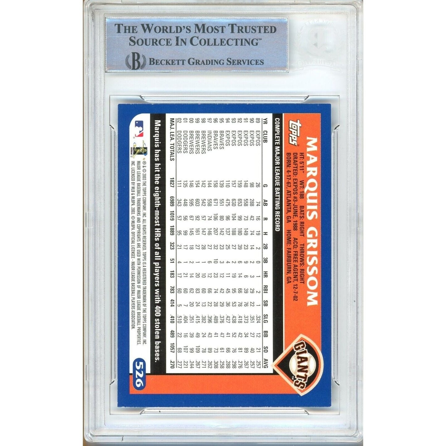 Marquis Grissom SF Giants Signed 2003 Topps Baseball Card Beckett Authentic Auto Slab