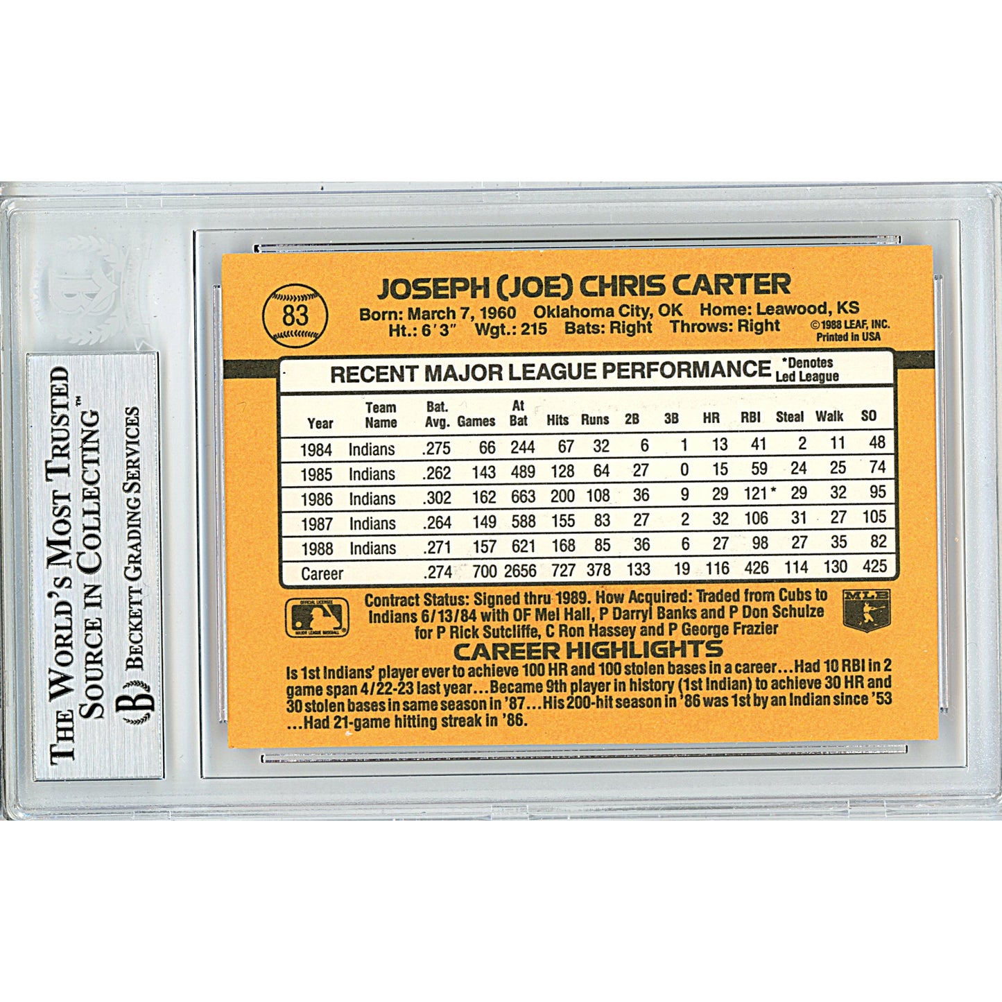 1989 Donruss — Joe Carter Autographed Trading Card — Beckett Authentication