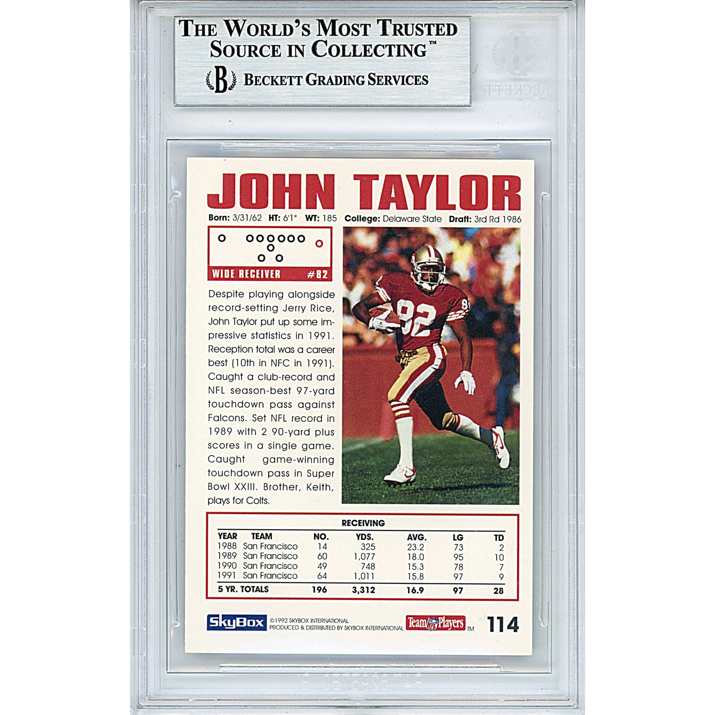 1992 SkyBox — John Taylor Signed San Francisco 49ers Autographed Trading Card — Beckett Authentication