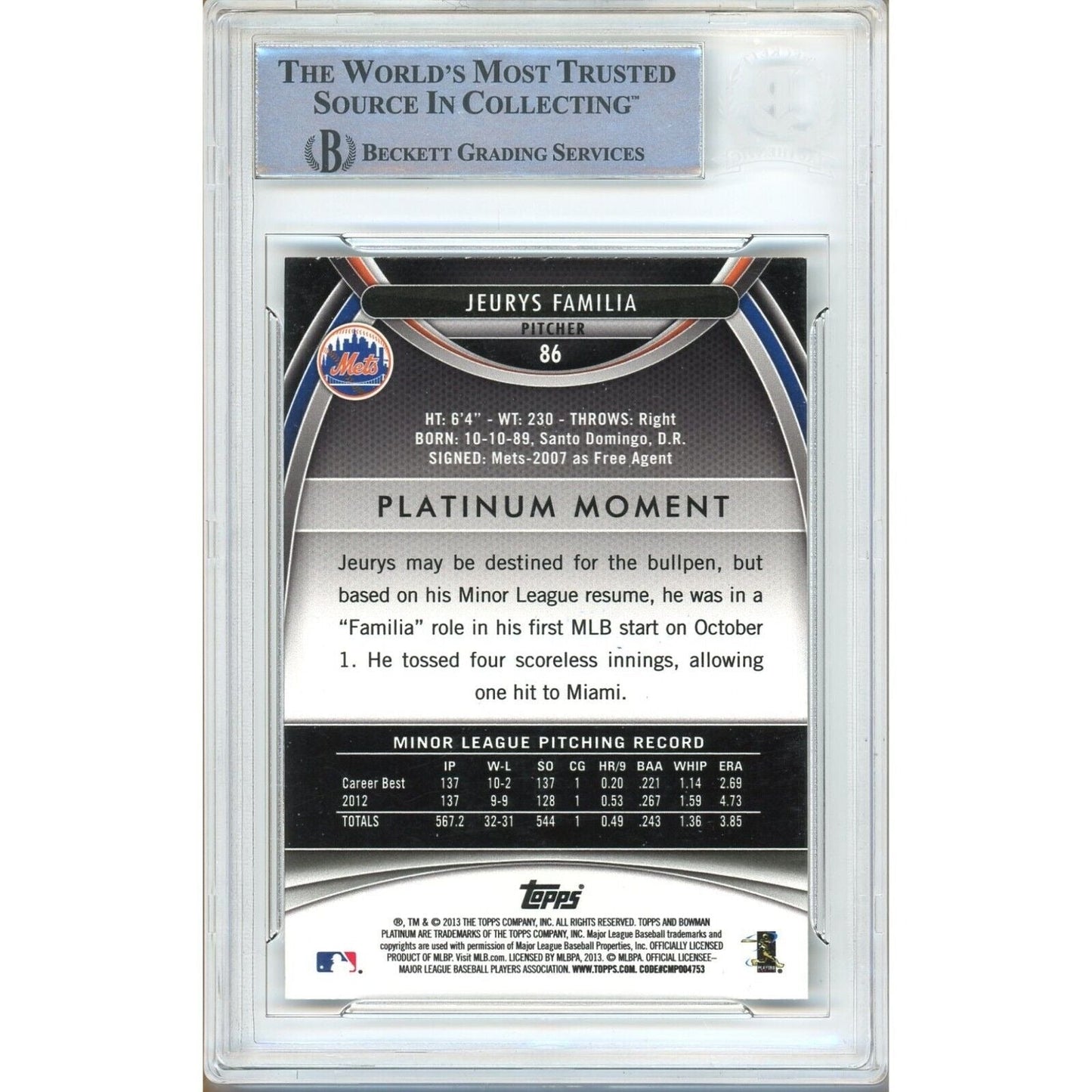 2013 Bowman — Jeurys Familia New York Mets New York Mets Autographed Trading Card — Beckett Authentication