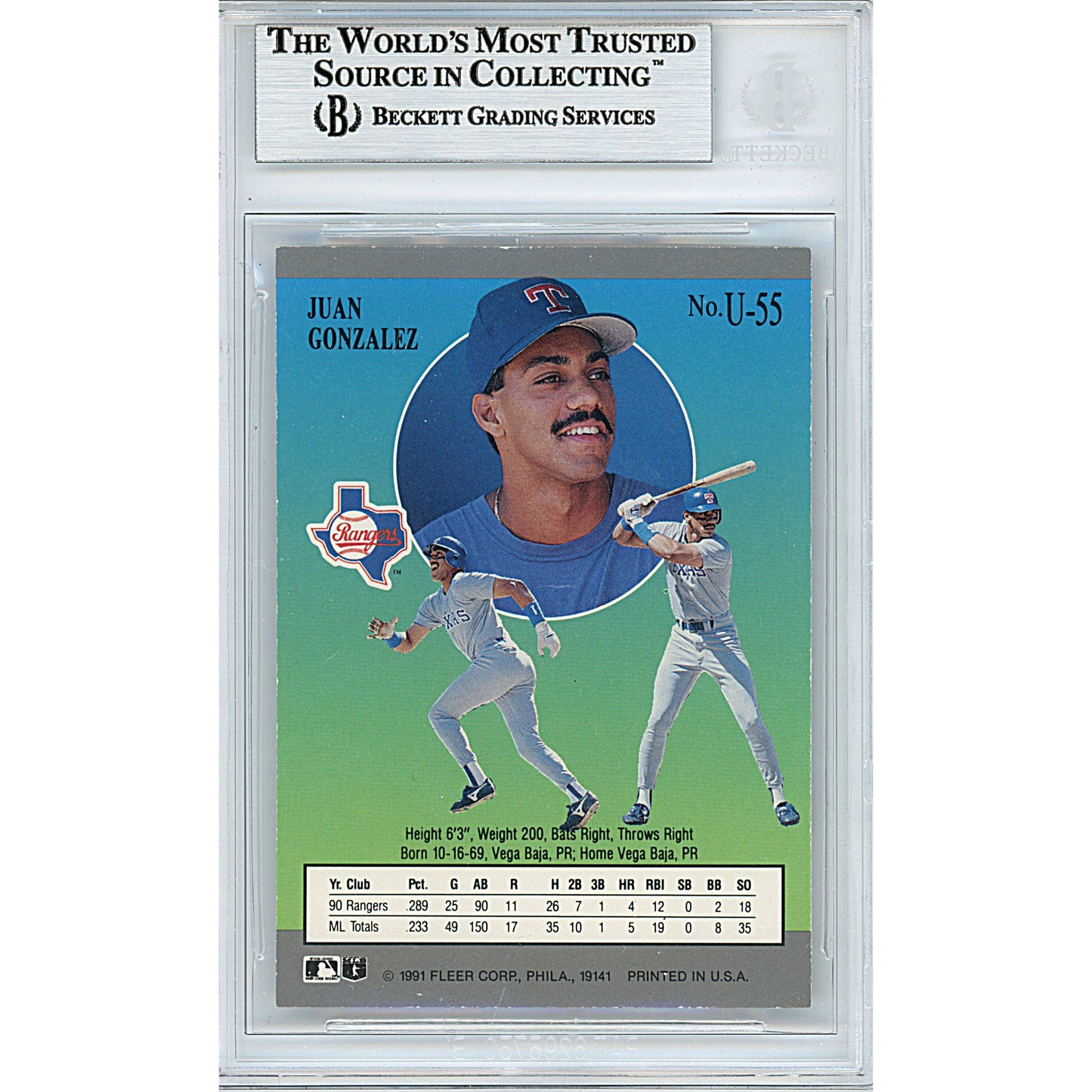 1991 Fleer Ultra — Juan Gonzalez Texas Rangers Autographed Trading Card — Beckett Authentication
