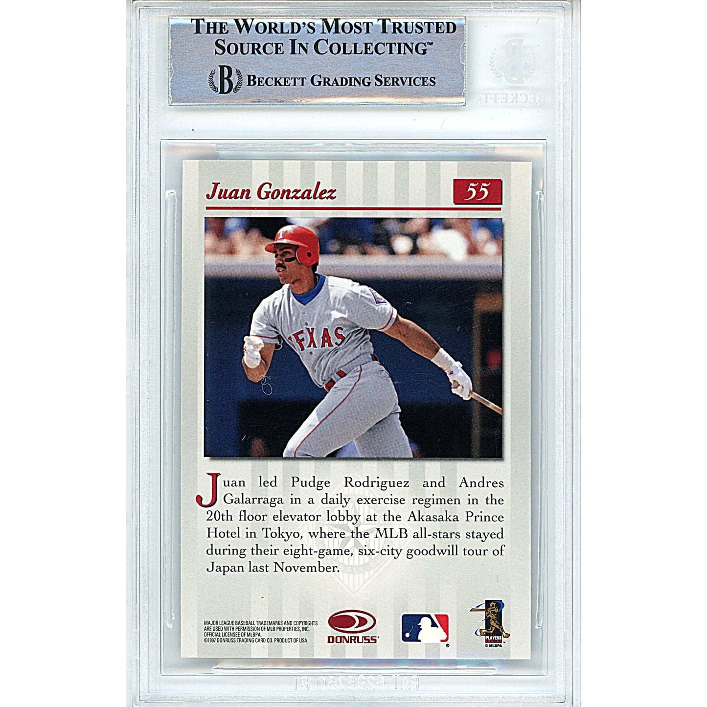 1997 Donruss Studio #55 — Juan Gonzalez Texas Rangers Autographed Trading Card — Beckett Authentication