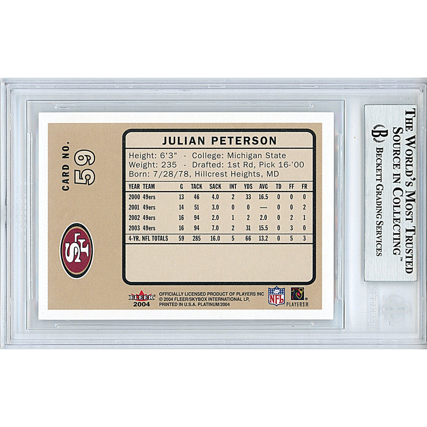2004 Fleer Platinum #59 — Julian Peterson San Francisco 49ers Autographed Trading Card — Beckett Authentication