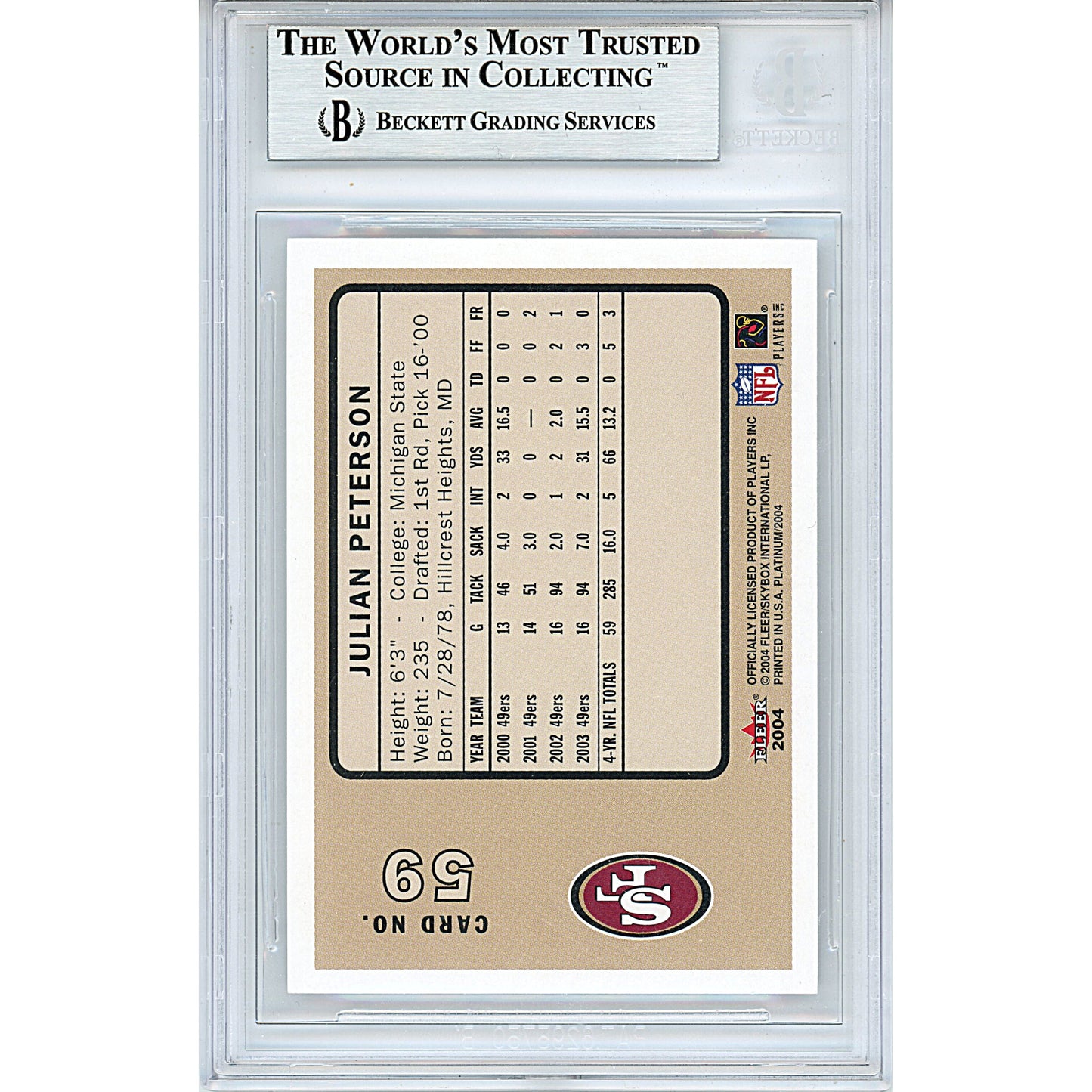 2004 Fleer Platinum #59 — Julian Peterson San Francisco 49ers Autographed Trading Card — Beckett Authentication