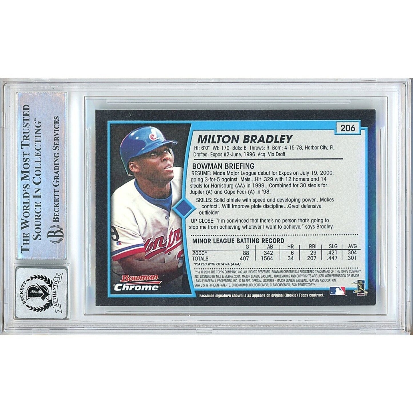Milton Bradley Montreal Expos Signed 2001 Bowman Chrome Card BGS Auto 10 Graded Slab