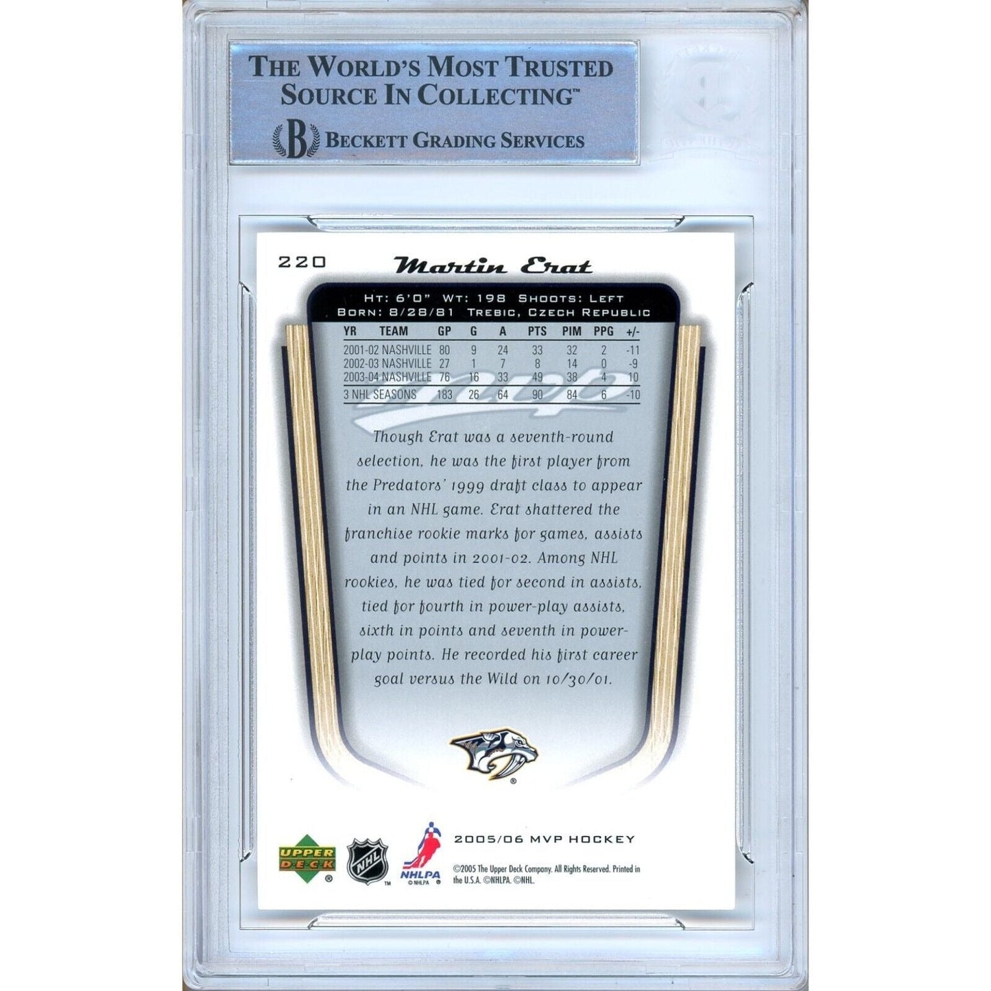 Martin Erat Nashville Predators Signed 2005-06 Upper Deck MVP Card BAS Auth Auto Slab
