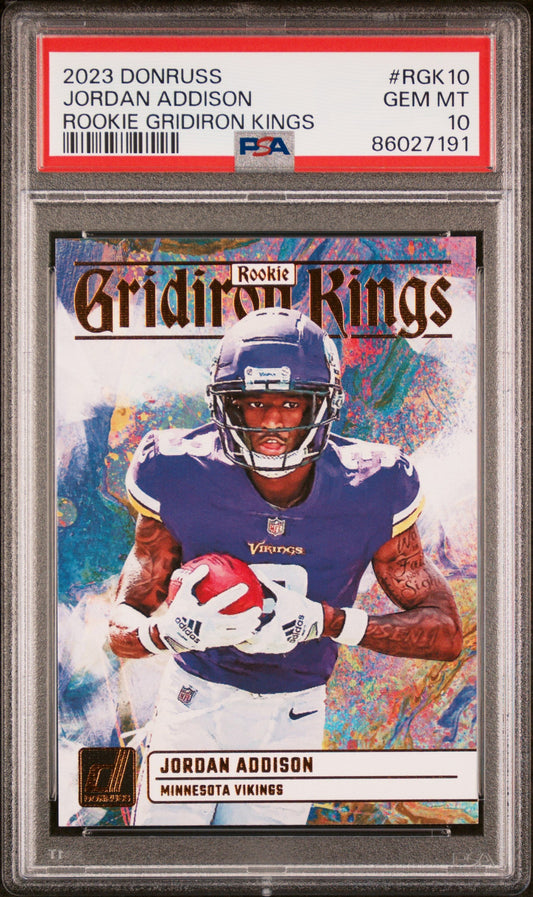 Graded 2023 Panini Donruss Jordan Addison #RGK10 Rookie Gridiron Kings Rookie RC Football Card PSA 10 Gem Mint - Sport Cards