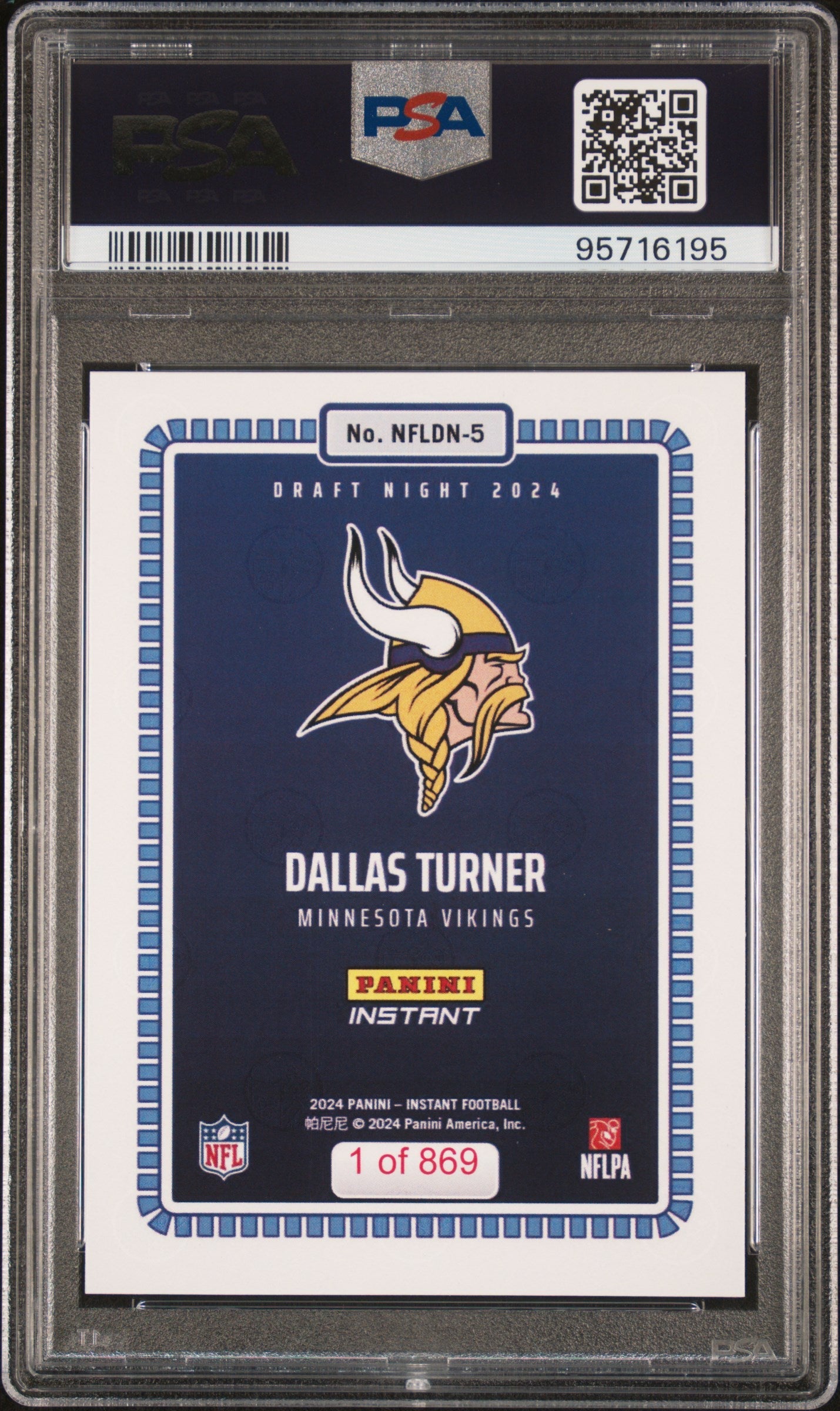 Graded 2024 Panini Instant NFL Dallas Turner #5 Draft Night Rookie RC Football Card PSA 9 Mint