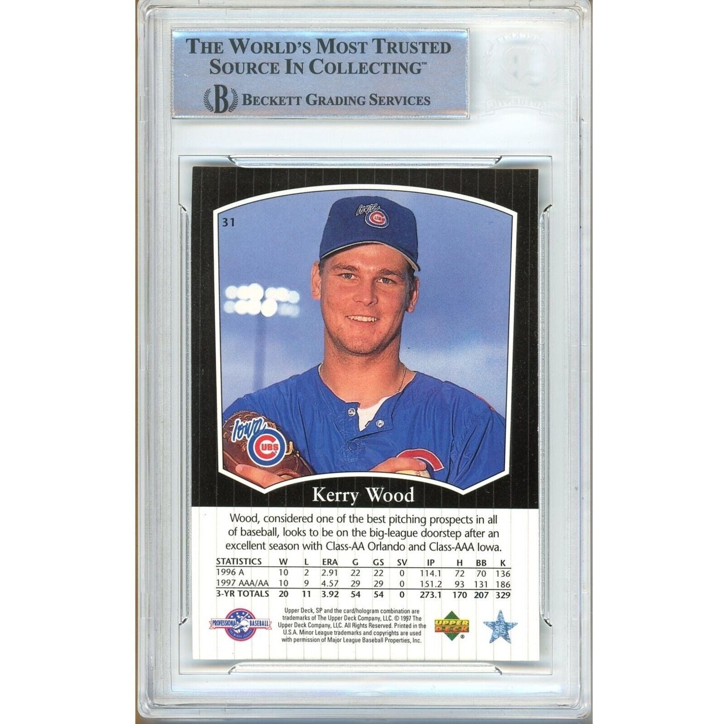 1998 Upper Deck SP Top Prospects #31 — Kerry Wood Chicago Cubs Autographed Trading Card — Beckett Authentication