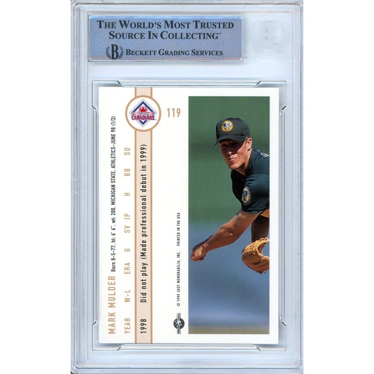Mark Mulder Oakland Athletics Signed 1999 Just Baseball Card Beckett Auth Auto Slab RC