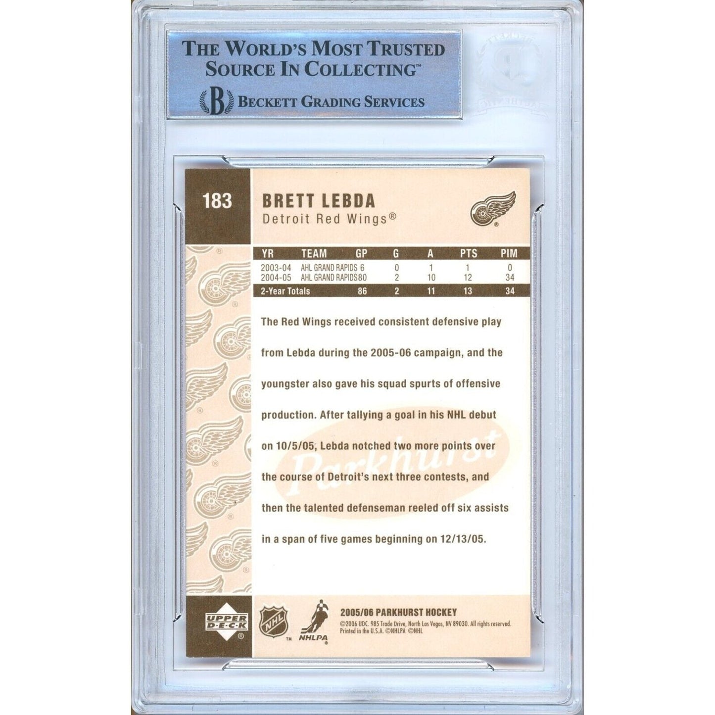 2005-06 Parkhurst #183 — Brett Lebda Detroit Red Wings Autographed Trading Card — Beckett Authentication