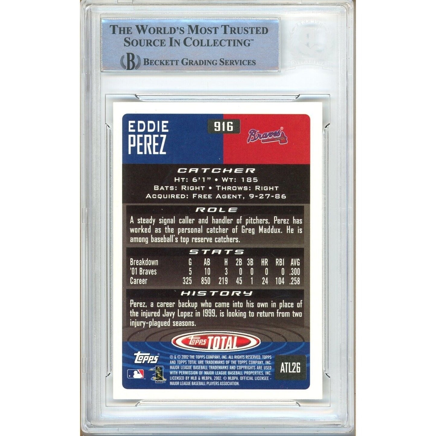 2002 Topps Total #916 — Eddie Perez Atlanta Braves Autographed Trading Card — Beckett Authentication