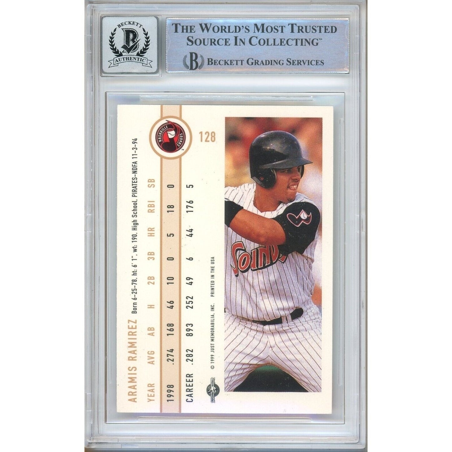 1999 Just Memorabilia #128 — Aramis Ramirez Pittsburgh Pirates Autographed Trading Card — Beckett Authentication