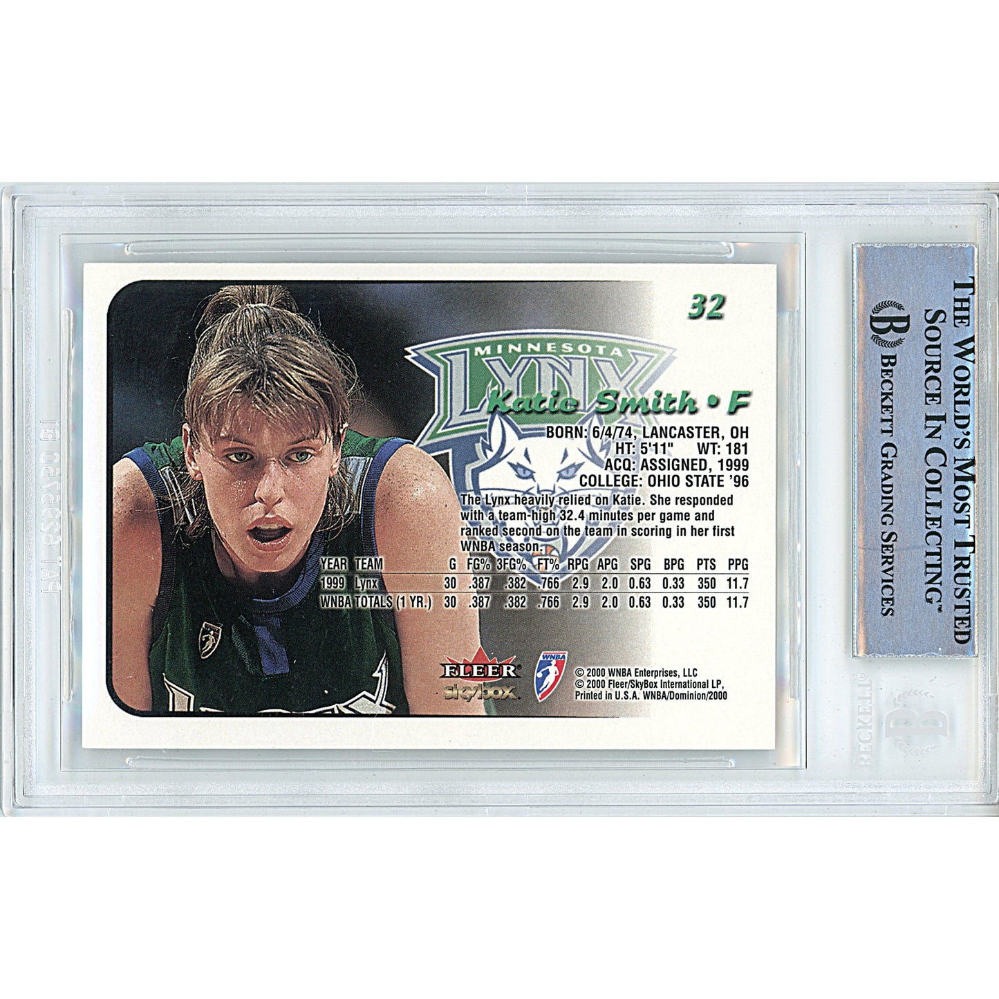 2000 Skybox Dominion WNBA #32 — Katie Smith Minnesota Lynx Autographed Trading Card — Beckett Authentication