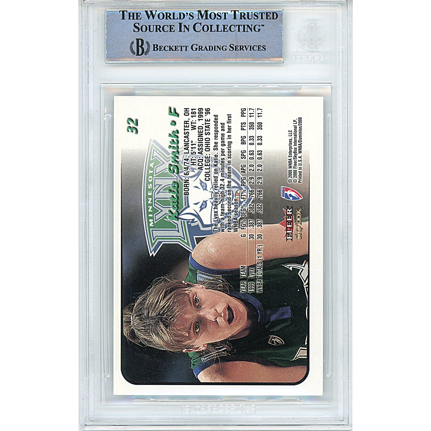 2000 Skybox Dominion WNBA #32 — Katie Smith Minnesota Lynx Autographed Trading Card — Beckett Authentication