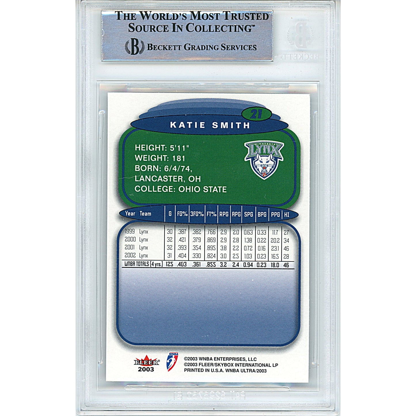 2003 Fleer Ultra WNBA — Katie Smith Minnesota Lynx Autographed Trading Card — Beckett Authentication