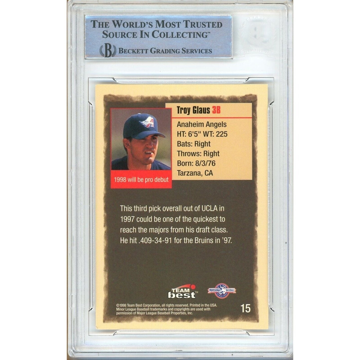Troy Glaus LA Angels Signed 1998 Team Best Baseball Rookie Card Beckett Auth Auto Slab