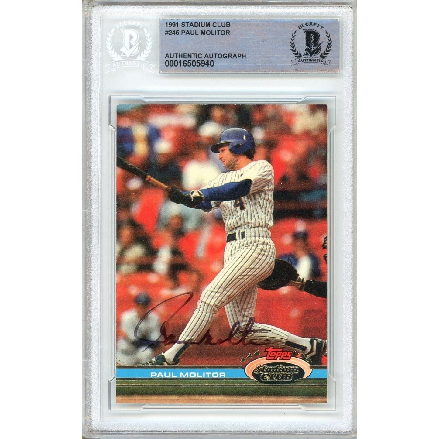 Paul Molitor Milwaukee Brewers Signed 1991 Topps Stadium Club Card Beckett Auto Slab