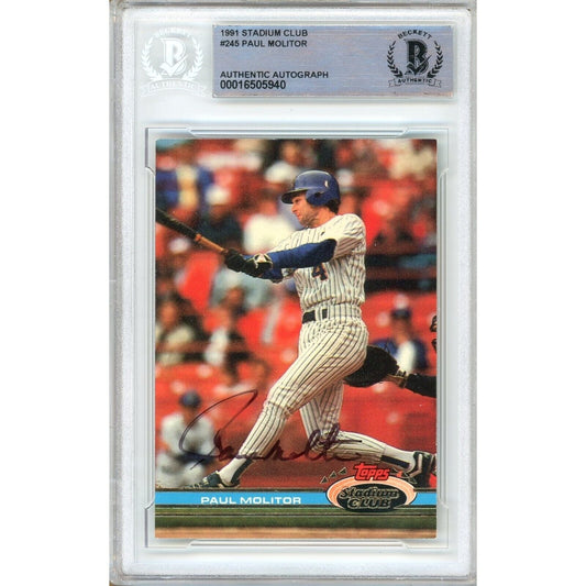 Paul Molitor Milwaukee Brewers Signed 1991 Topps Stadium Club Card Beckett Auto Slab