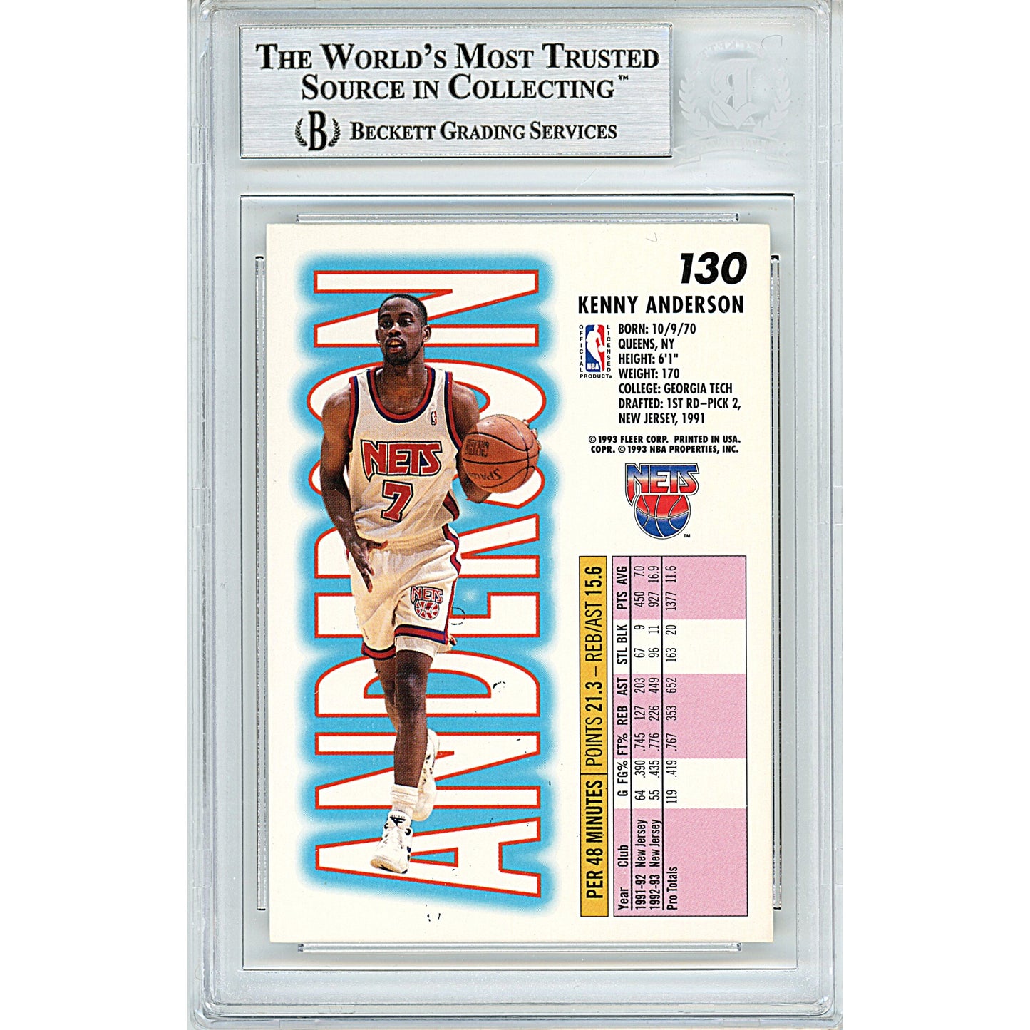 1993—94 Fleer — Kenny Anderson New Jersey Nets Autographed Trading Card — Beckett Authentication