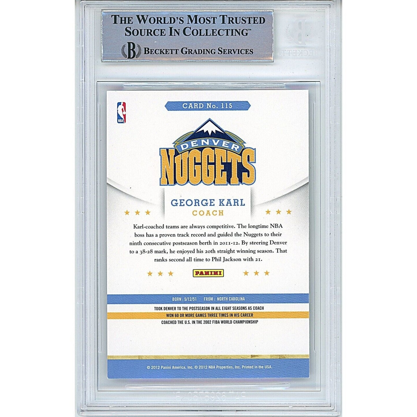 2012-13 NBA Hoops #115 — George Karl Denver Nuggets Autographed Trading Card — Beckett Authentication