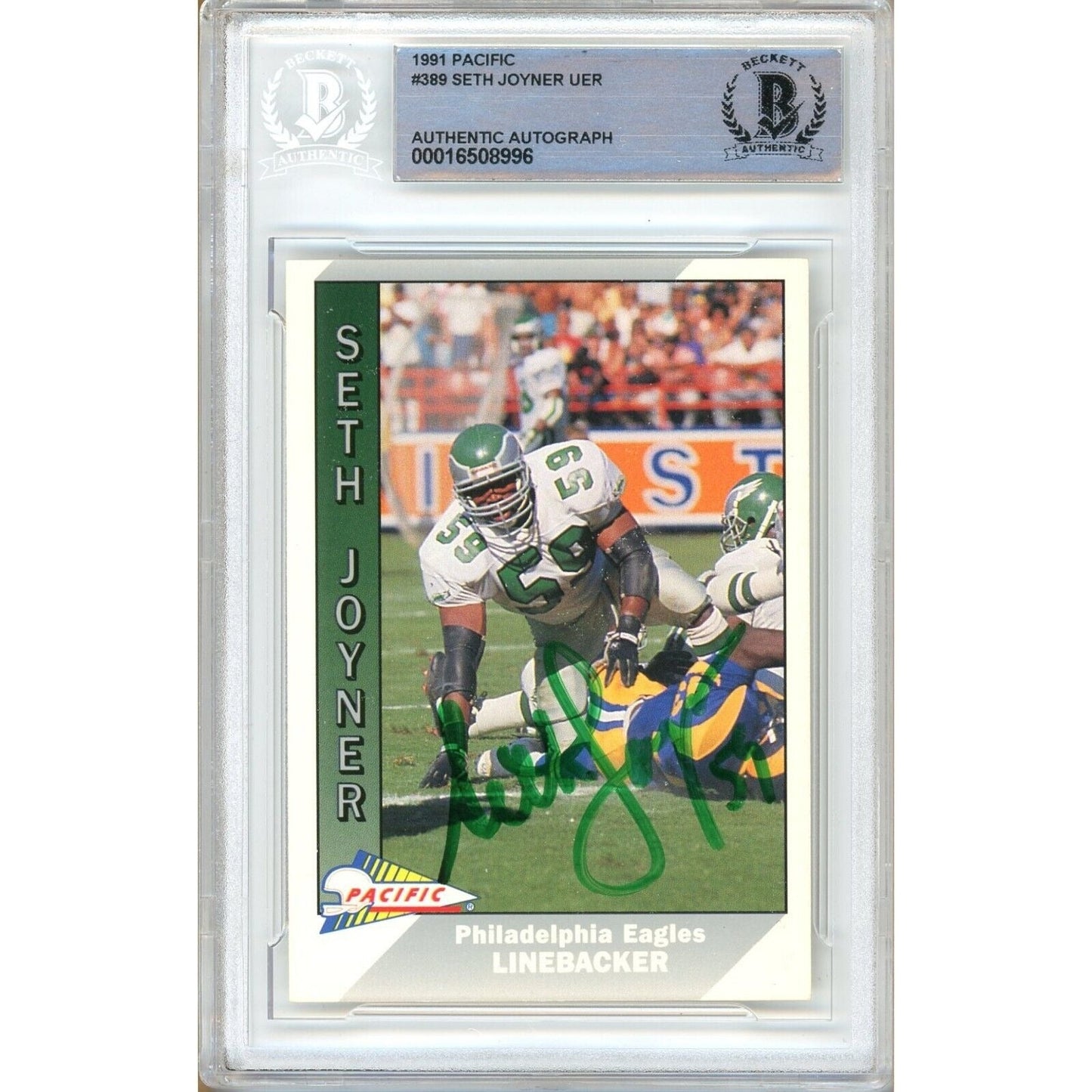 Seth Joyner Philadelphia Eagles Signed 1991 Pacific Football Card Beckett Authentic Auto Slab