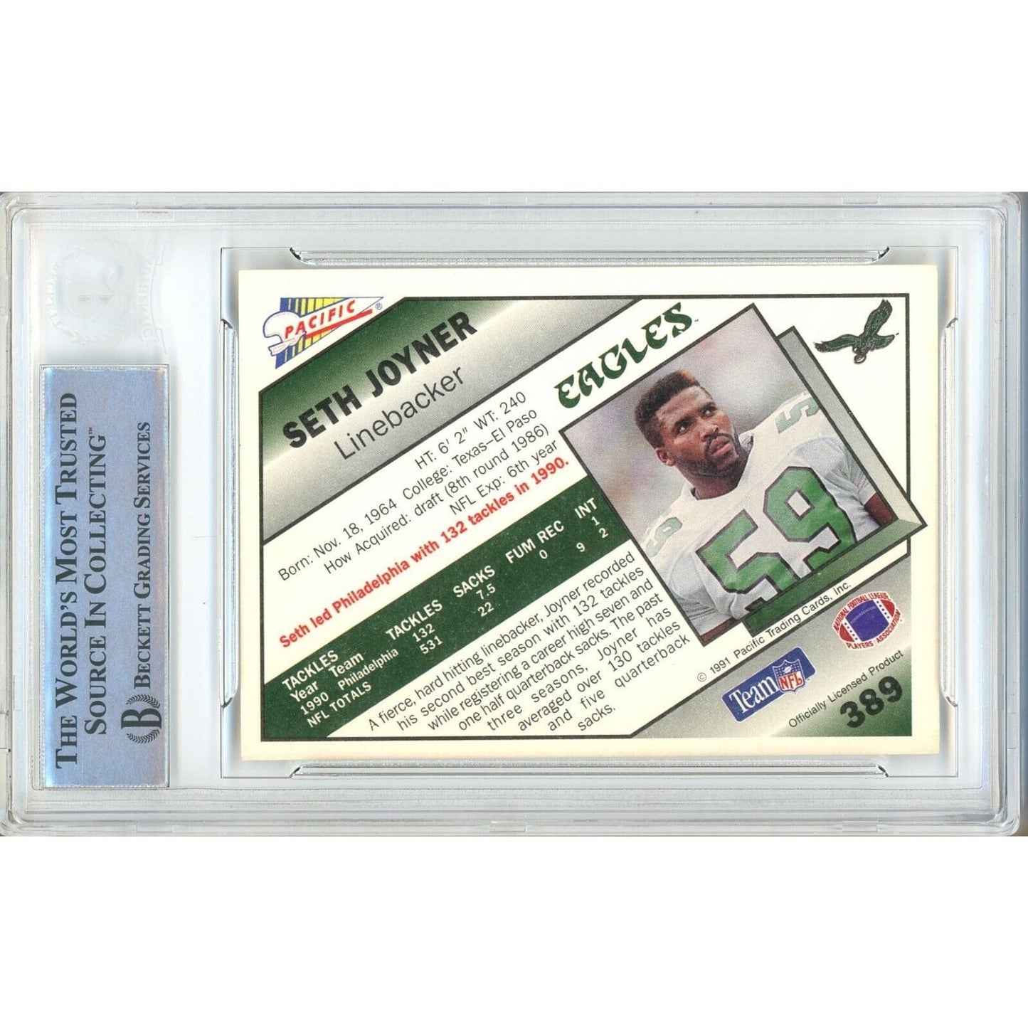 Seth Joyner Philadelphia Eagles Signed 1991 Pacific Football Card Beckett Authentic Auto Slab