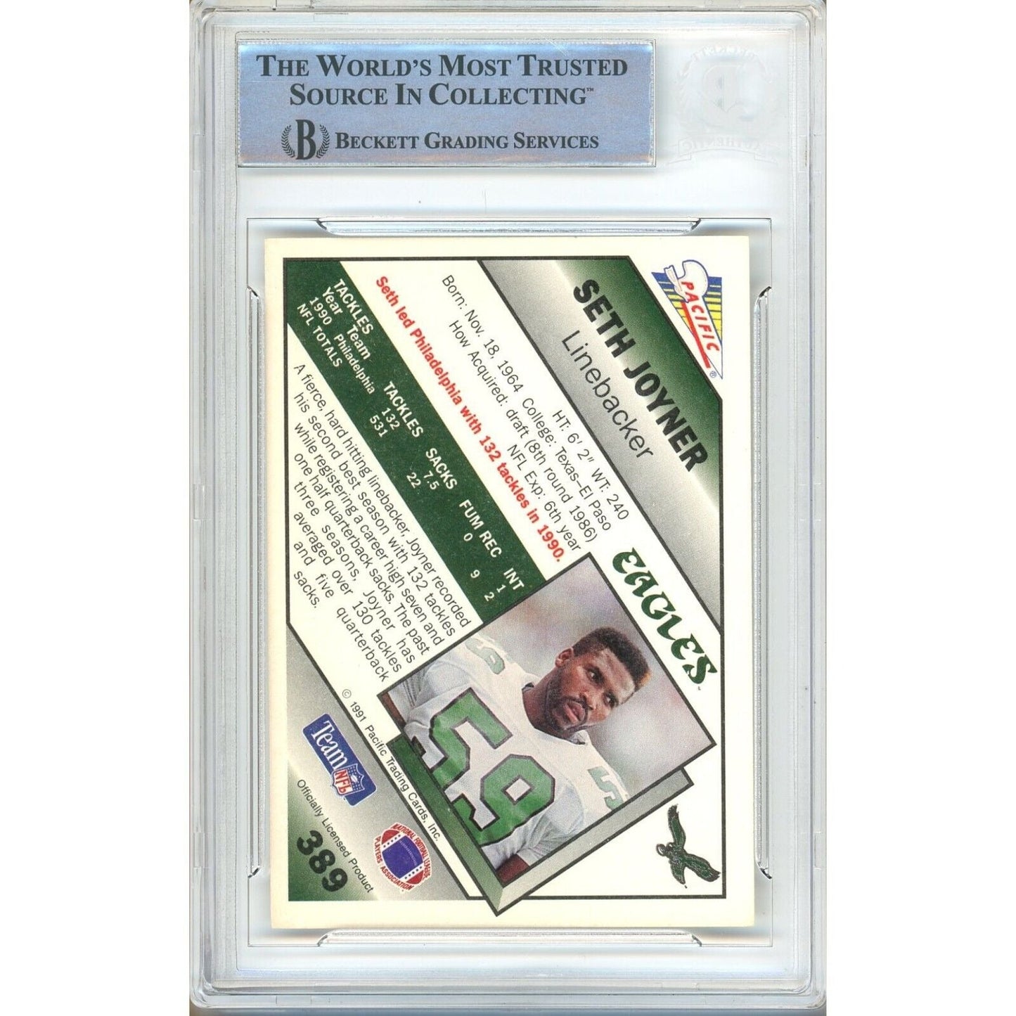 Seth Joyner Philadelphia Eagles Signed 1991 Pacific Football Card Beckett Authentic Auto Slab