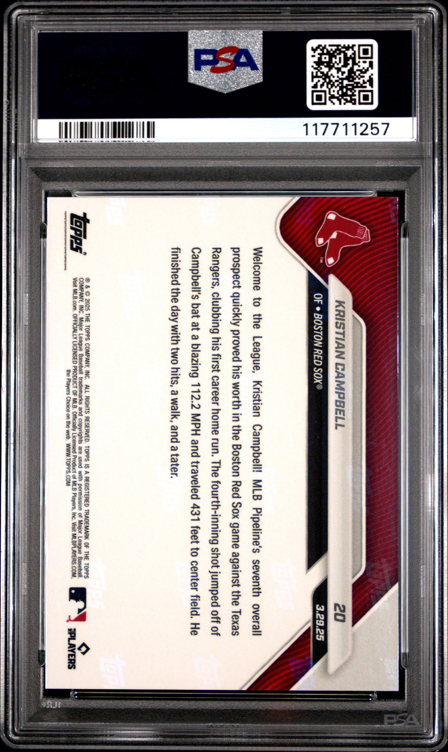 Graded 2025 Topps Now Kristian Campbell #20 Rookie RC Baseball Card PSA 10 Gem Mint