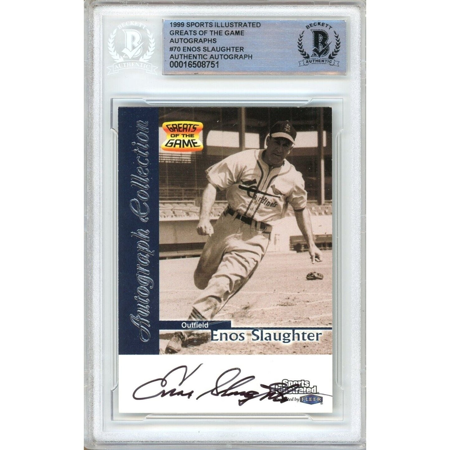 1999 Fleer Sports Illustrated Greats of the Game — Enos Slaughter St. Louis Cardinals Autographed Trading Card — Beckett Authentication